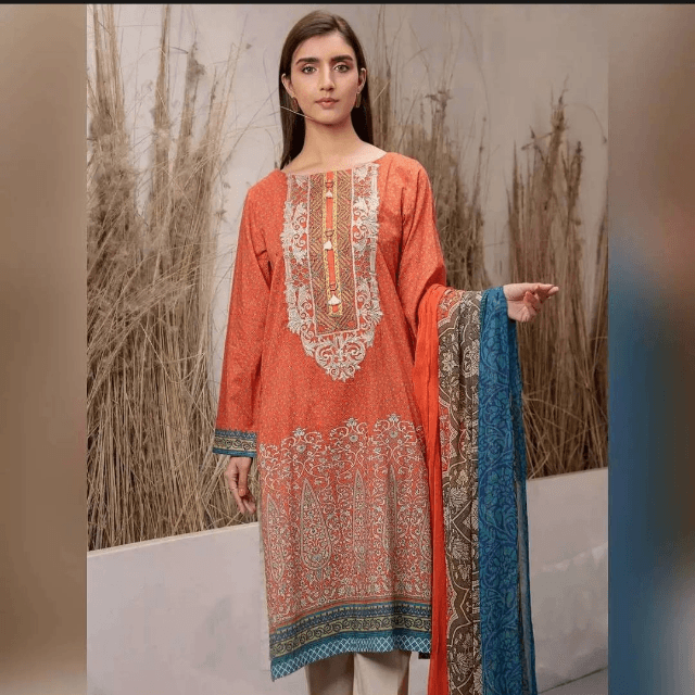 3 Pcs Lawn Suit Neck Embroidery With Shaffon Duppata